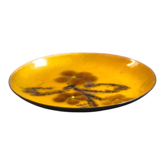 Vintage Bovano Of Cheshire Enamel On Copper Floral Dish MCM Art Yellow Black 3" - Picture 2 of 6